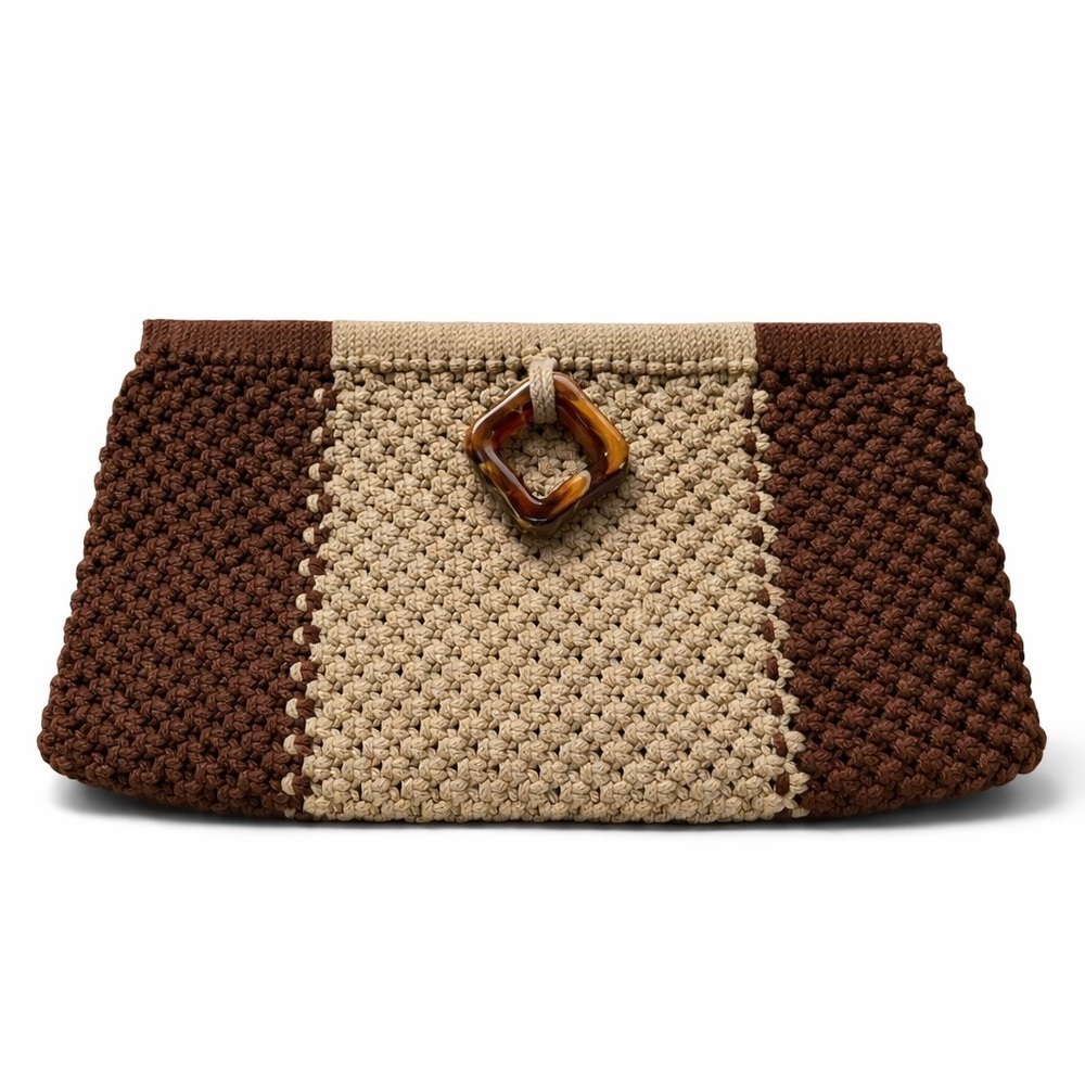 Crochet Clutch Purse Brown Tan Tortoiseshell Buckle Boho Retro Vtg Handbag - Picture 5 of 8